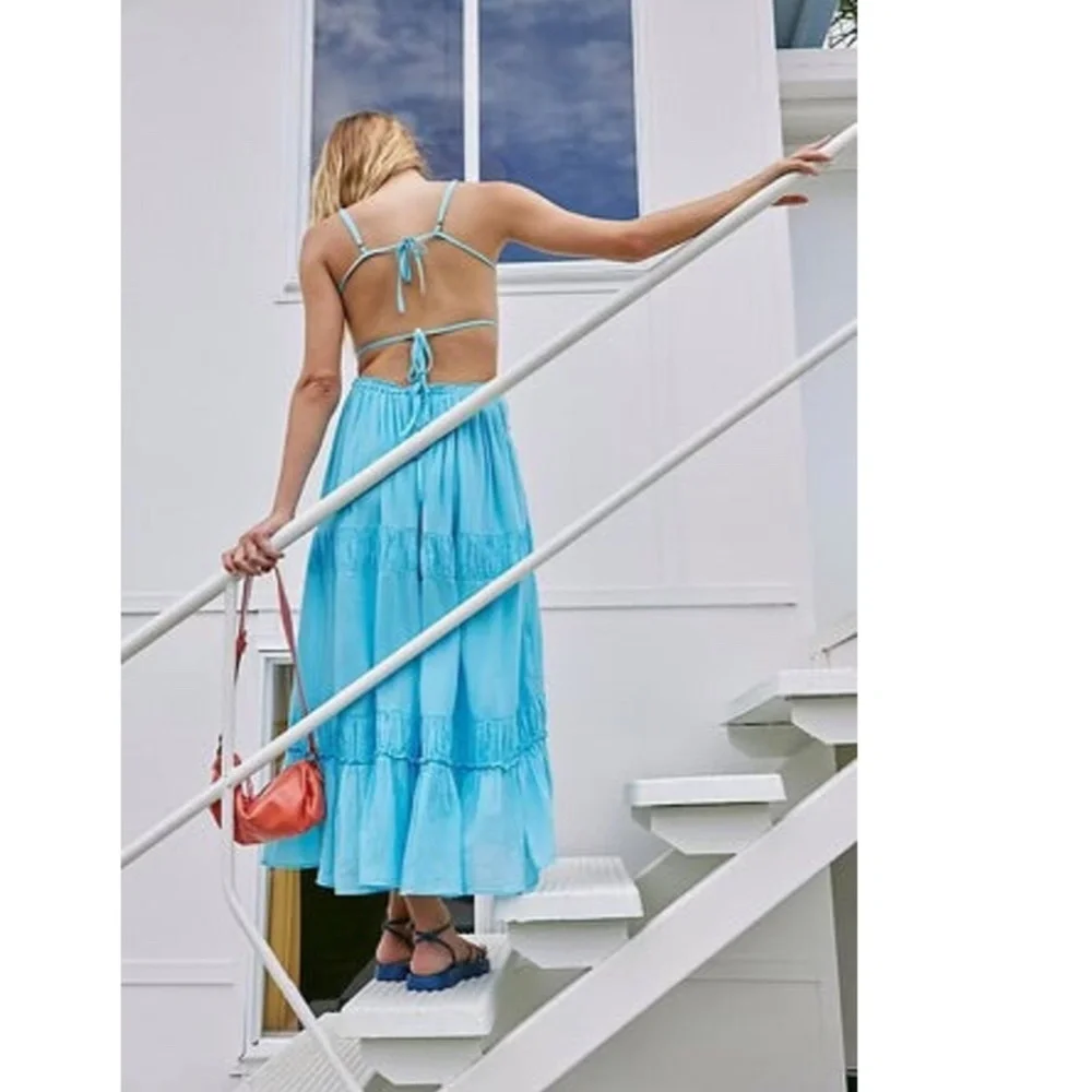 NEW FREE PEOPLE Turquoise AQUA Taking Sides TIERED Cotton OPEN BACK Maxi DRESS L - Picture 16 of 16